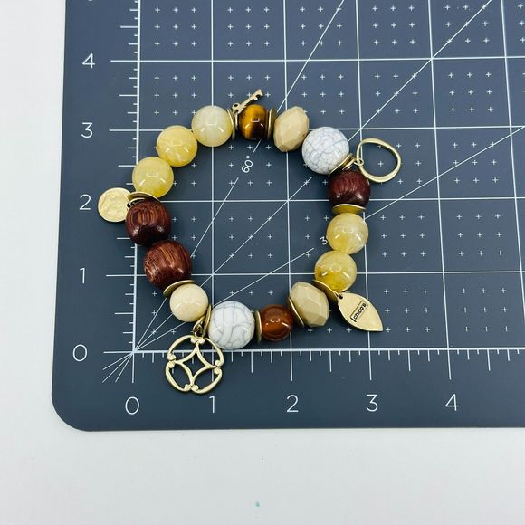 Chicos Bracelet Beaded Charm Key Coin Leaf Neutral Tones Stretchy Jewelry - Picture 6 of 8